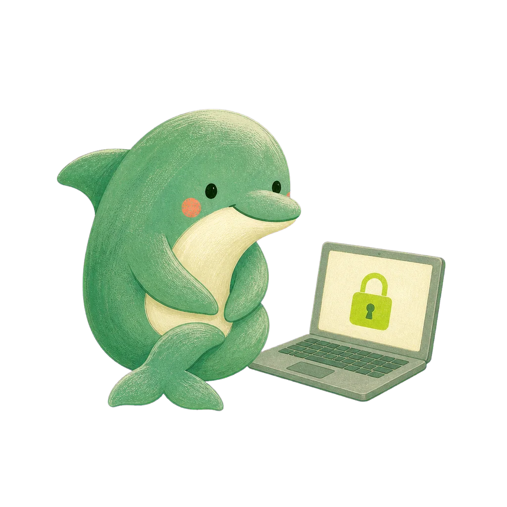 A dolphin resting beside a laptop with a closed padlock, everything staying on your Mac